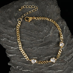 Yellow Gold Plated Trendy Cuban Link Cubic Zirconia Heart Bracelet