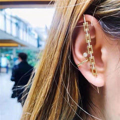 Gold Plated Chain Link Cubic Zirconia Micro Pave Ear Cuff Bar Earring