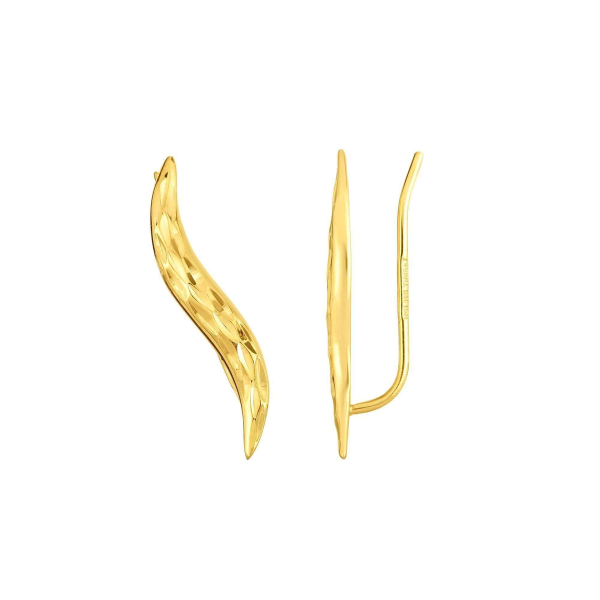 14K Yellow Gold Diamond Cut Leaf Ear Climber Earrings