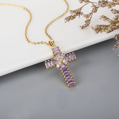 Stainless Steel Gold Plated Micro Pave Baguette X Cross Pendant Necklace