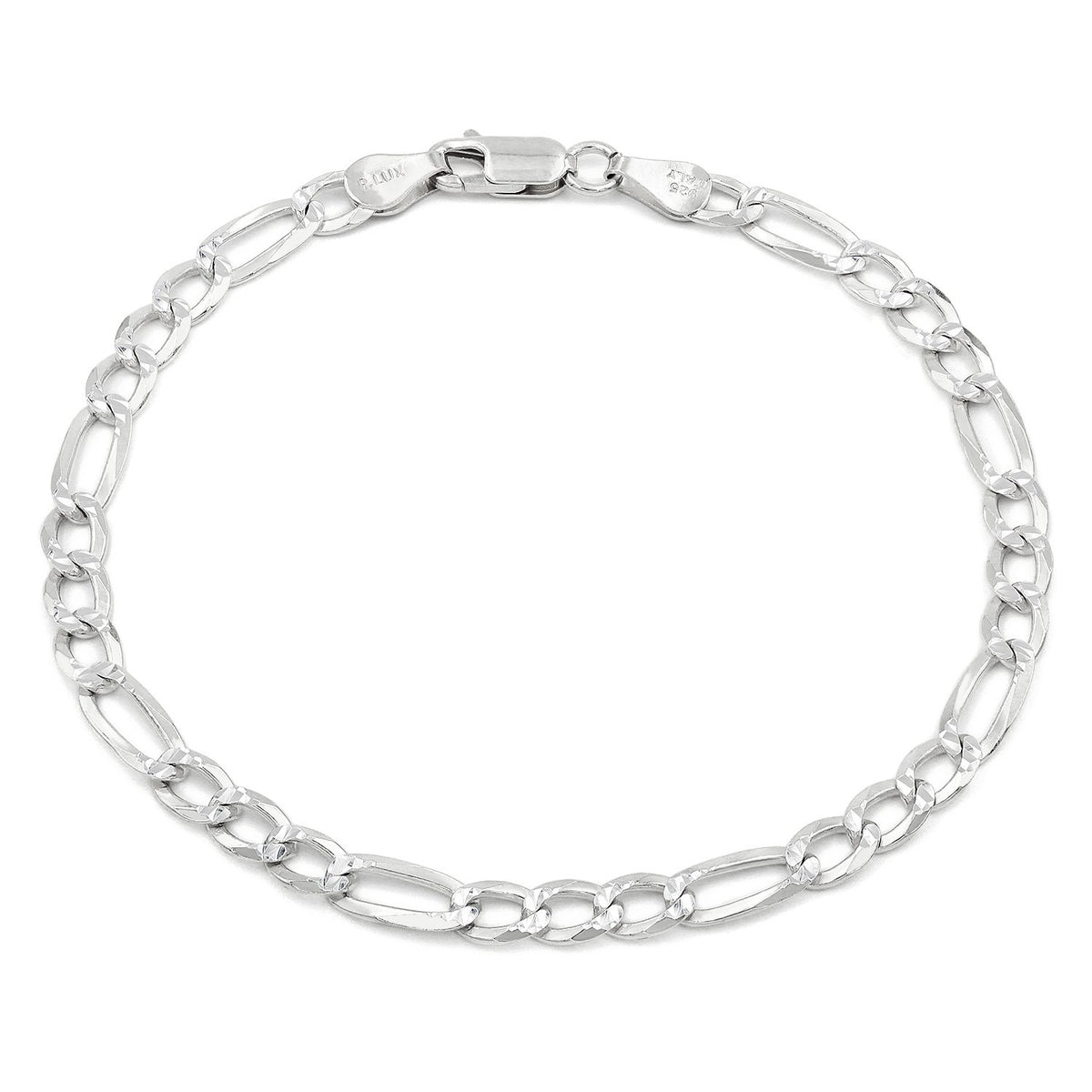 925 Sterling Silver Solid Figaro 5mm Diamond Cut Pave ITProLux Link Bracelet