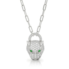 925 Sterling Silver Emerald Eyed Panther Head On Paper Clip Chain Necklace
