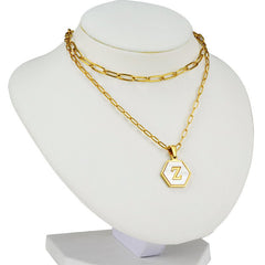 Stainless Steel Gold Plated Mother of Pearl Initial A - Z Layered Paper Clip Choker Necklace
