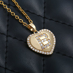 Stainless Steel Gold Plated Micro Pave Heart Initial A - Z Letter Pendant Necklace