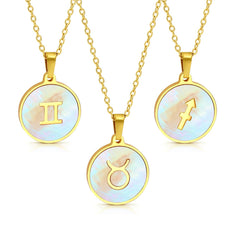 Stainless Steel Gold Plated Mother of Pearl Zodiac Disc Pendant