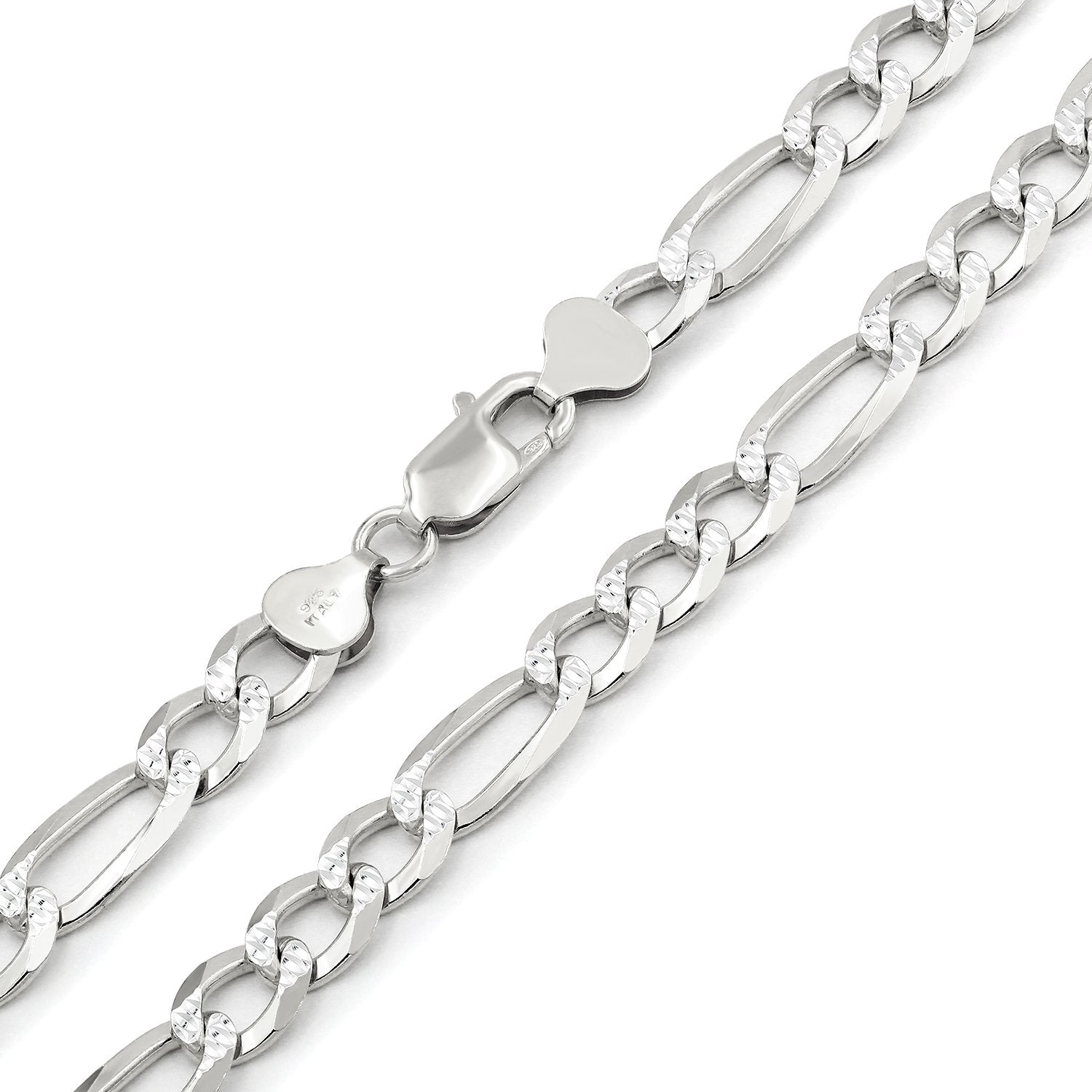 925 Sterling Silver Solid Figaro 7.5mm Diamond Cut Pave ITProLux Link Chain