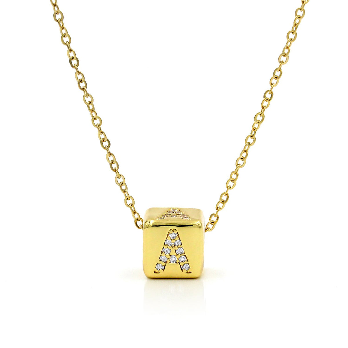 Yellow Gold Plated Initial Dice, Box A - Z Cubic Zirconia Letter Slider Pendant Necklace