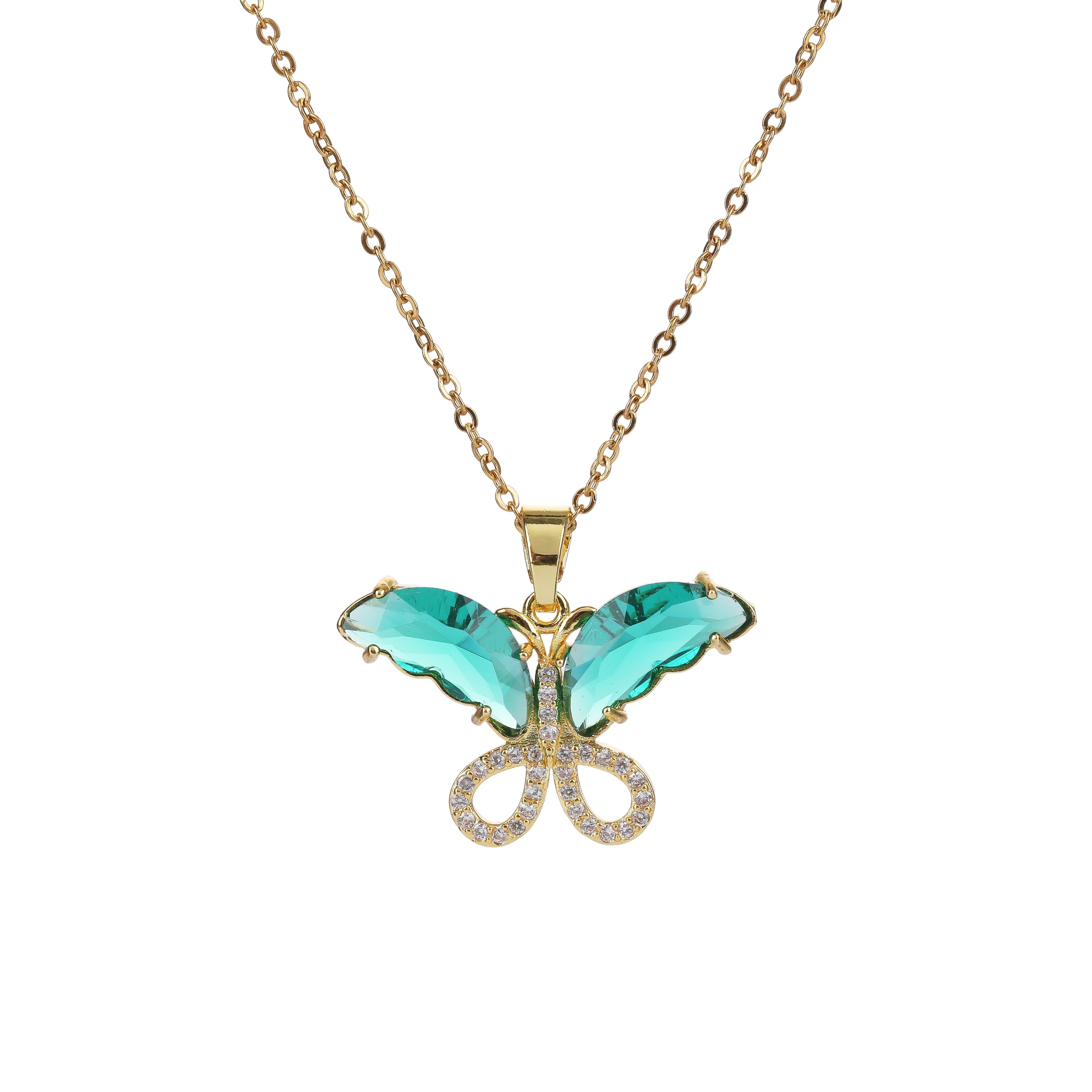 Gold Plated Micro Pave Butterfly Pendant Necklace, Stainless Steel