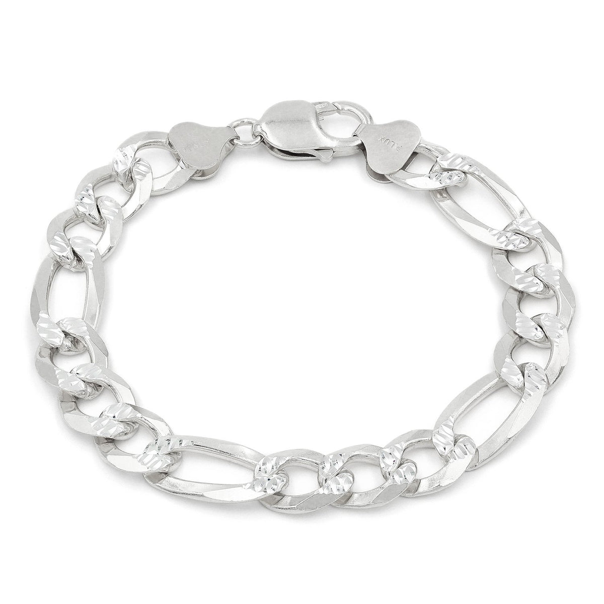 925 Sterling Silver Solid Figaro 10.5mm Diamond Cut Pave ITProLux Link Bracelet