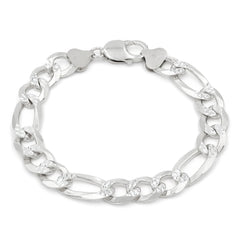 925 Sterling Silver Solid Figaro 10.5mm Diamond Cut Pave ITProLux Link Bracelet