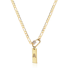 Gold Plated Trendy Micro Pave Clasp, Initial Bar Pendant on Figaro Chain Necklace