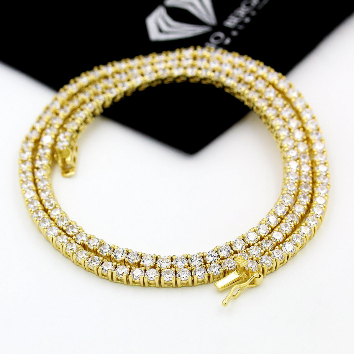 925 Sterling Silver 3mm Round Cut Tennis Necklace, Yellow Gold Plated
