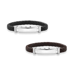 925 Sterling Silver Genuine Leather Polished ID Bracelet