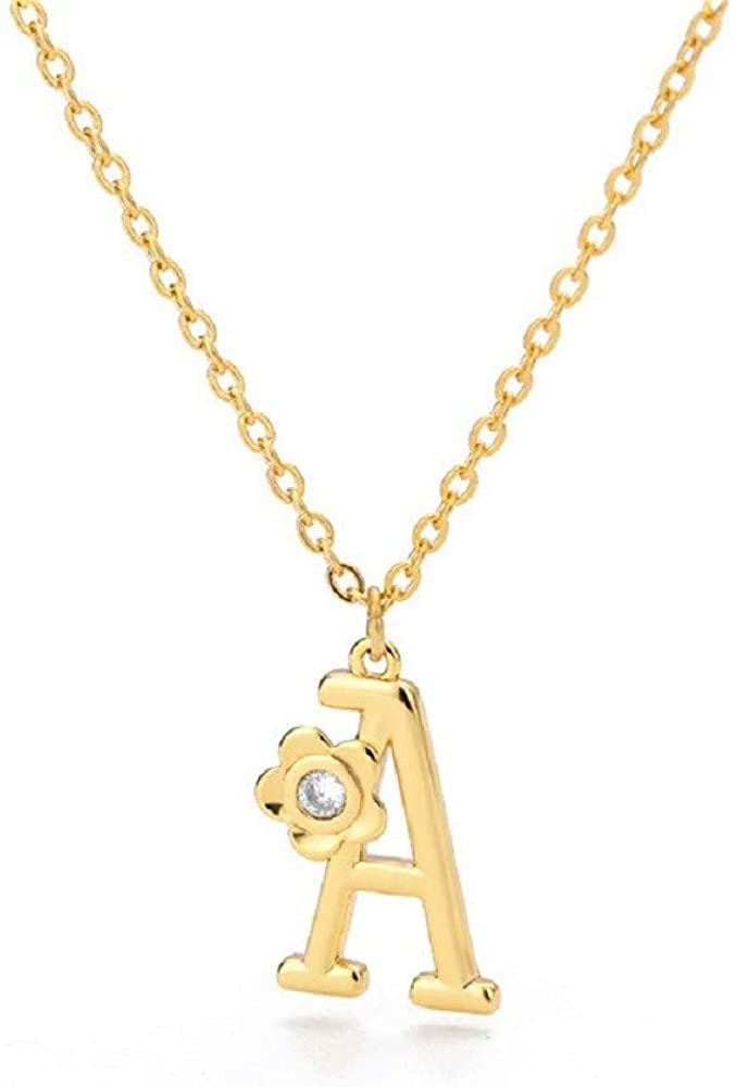 Giorgio Bergamo Stainless Steel Gold Plated A - Z, 26 Letter Cubic Zirconia Flower Initial Pendant Necklace
