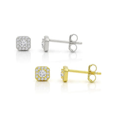 925 Sterling Silver Gold Plated Micro Pave Minimalist Octagonal Halo Stud Earring