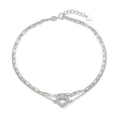 925 Sterling Silver Micro Pave Paper Clip Layered Heart Ankle Bracelet