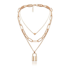 Gold Plated Trendy Paper Clip Chain with Lock Layered Necklace