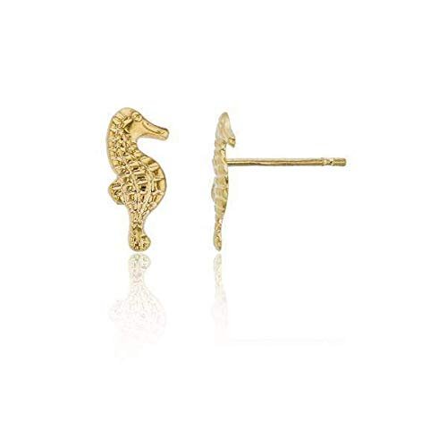14K Yellow Gold Textured Sea Horse Childrens Stud Earring