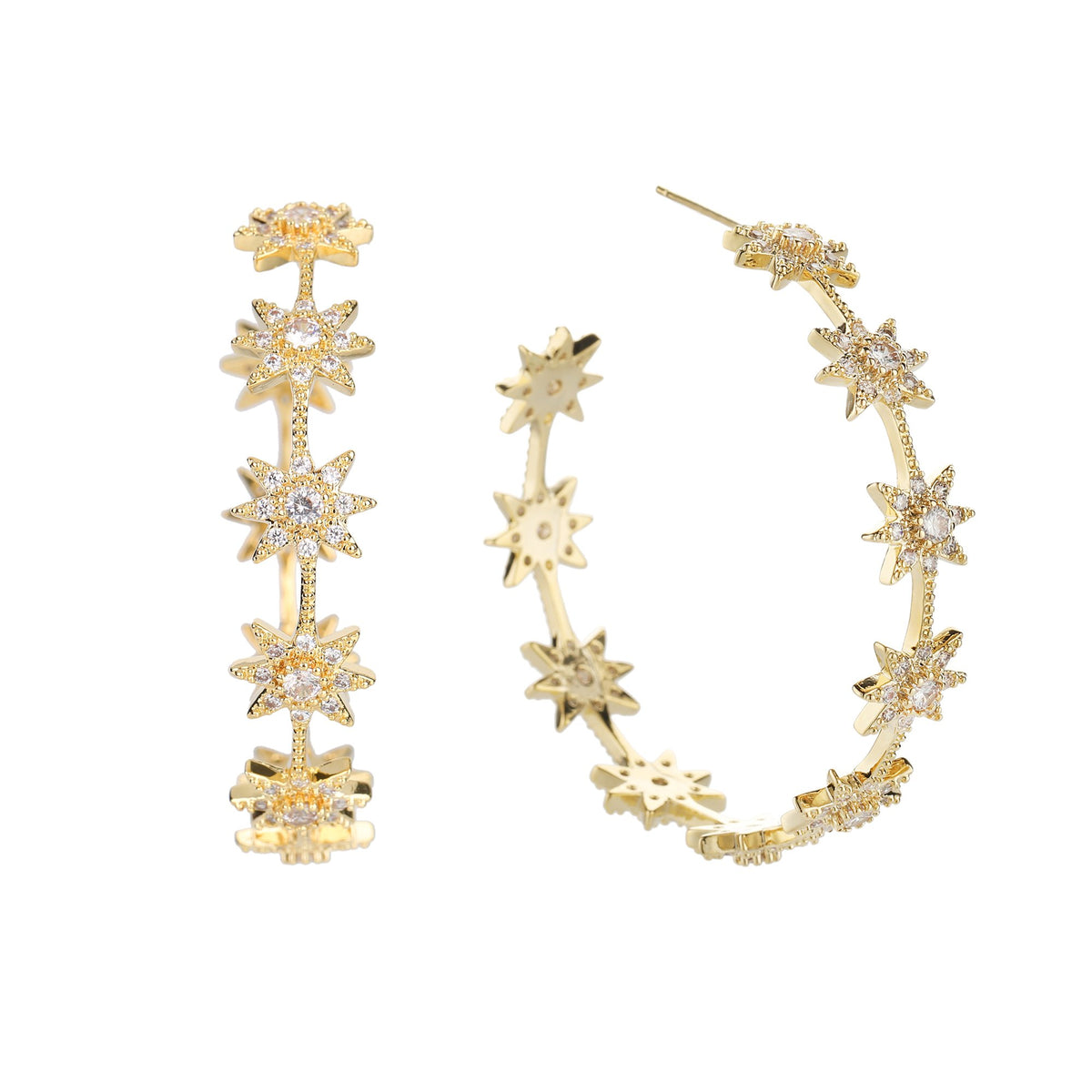 Gold Plated Micro Pave Sunburst Hoop Earring