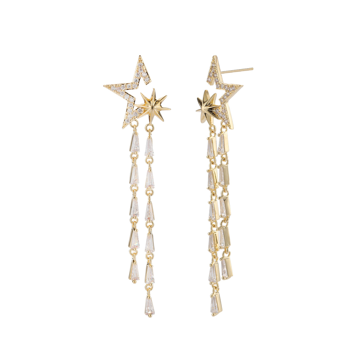 Gold Plated Trendy Celestial Star Micro Pave Tassel Drop Earrings