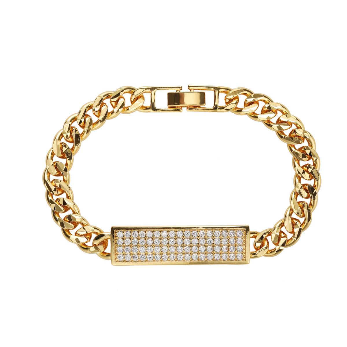 Gold Plated Trendy Cuban, Curb Link Micro Pave Cubic Zirconia ID Bracelet