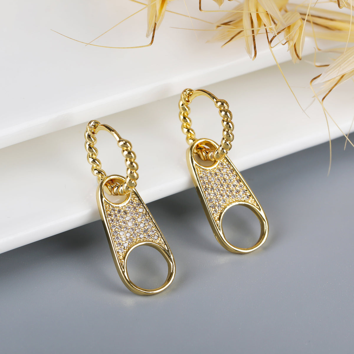 Gold Plated Micro Pave Trendy Zipper Drop Earring