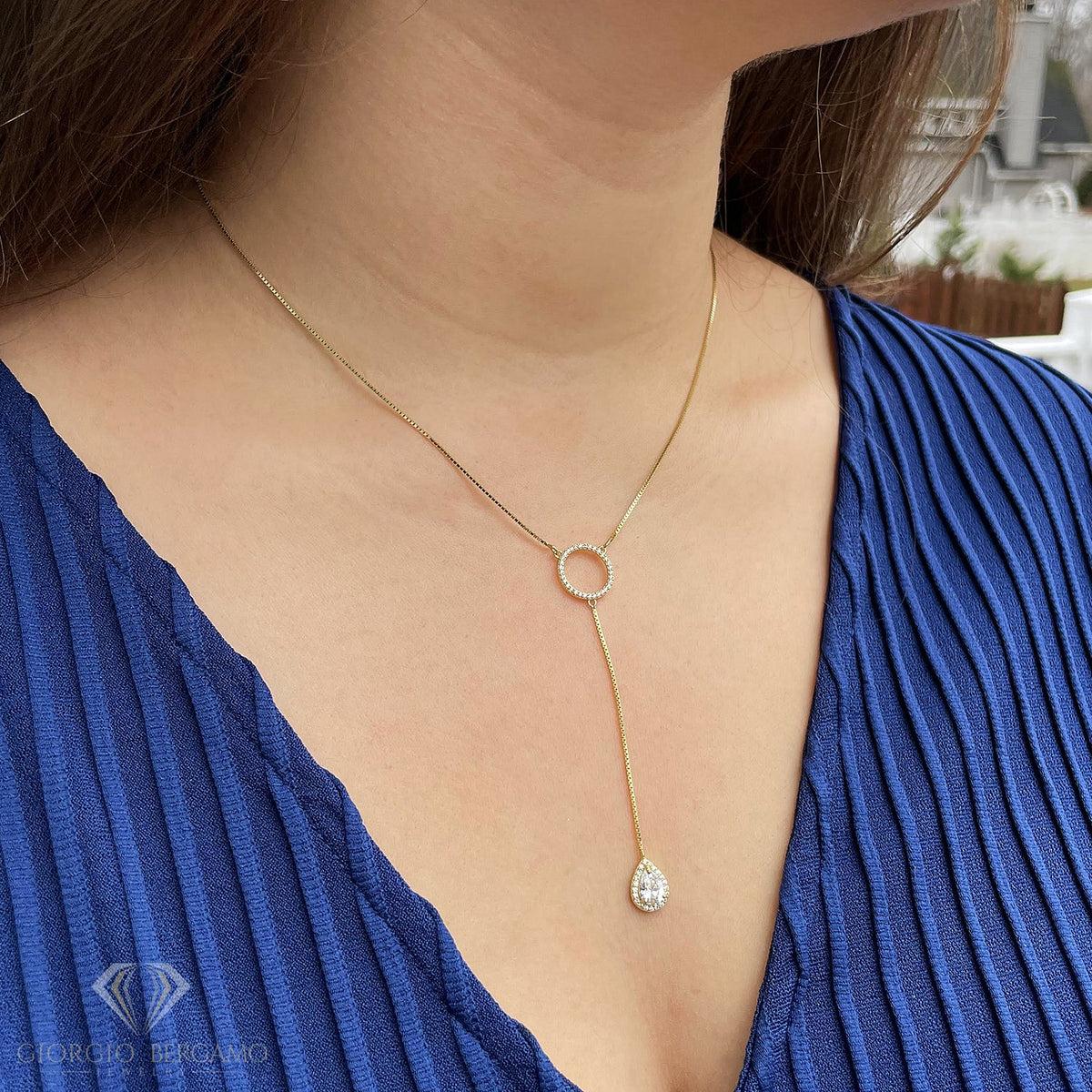 925 Sterling Silver Open Circle Pear Drop Lariat Y Necklace