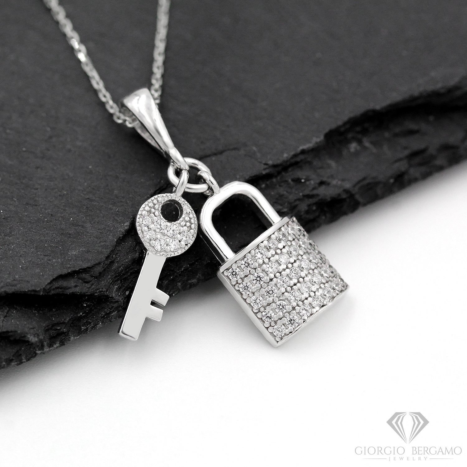 925 Sterling Silver Micro Pave Lock & Key Pendant