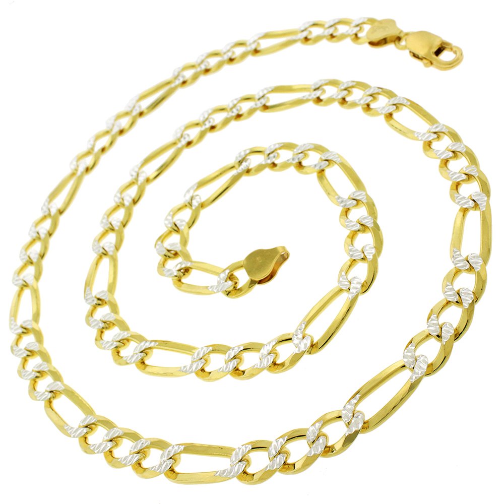 14K Yellow Gold 7.5mm Solid Figaro Diamond Cut Pave Link Chain