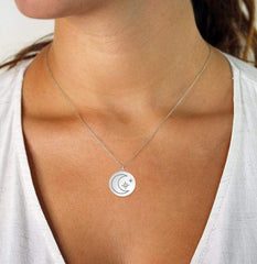 925 Sterling Silver Diamond Accent Star & Moon Disc Pendant Necklace