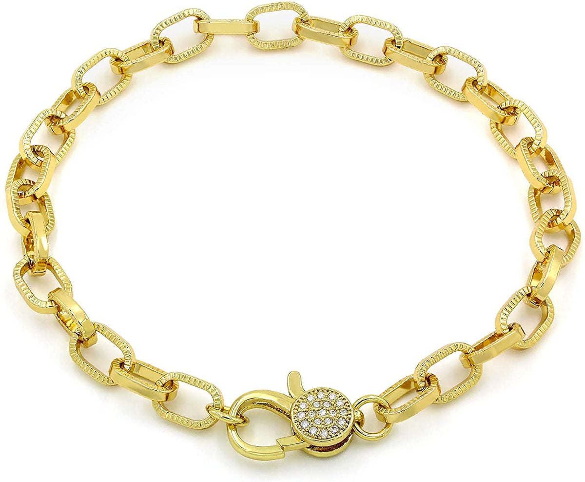 Gold Plated Trendy Diamond Cut Rolo Link Micro Pave Cubic Zirconia Lock Bracelet