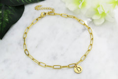 Stainless Steel Gold Plated Paper Clip Initial Disc Ankle Bracelet