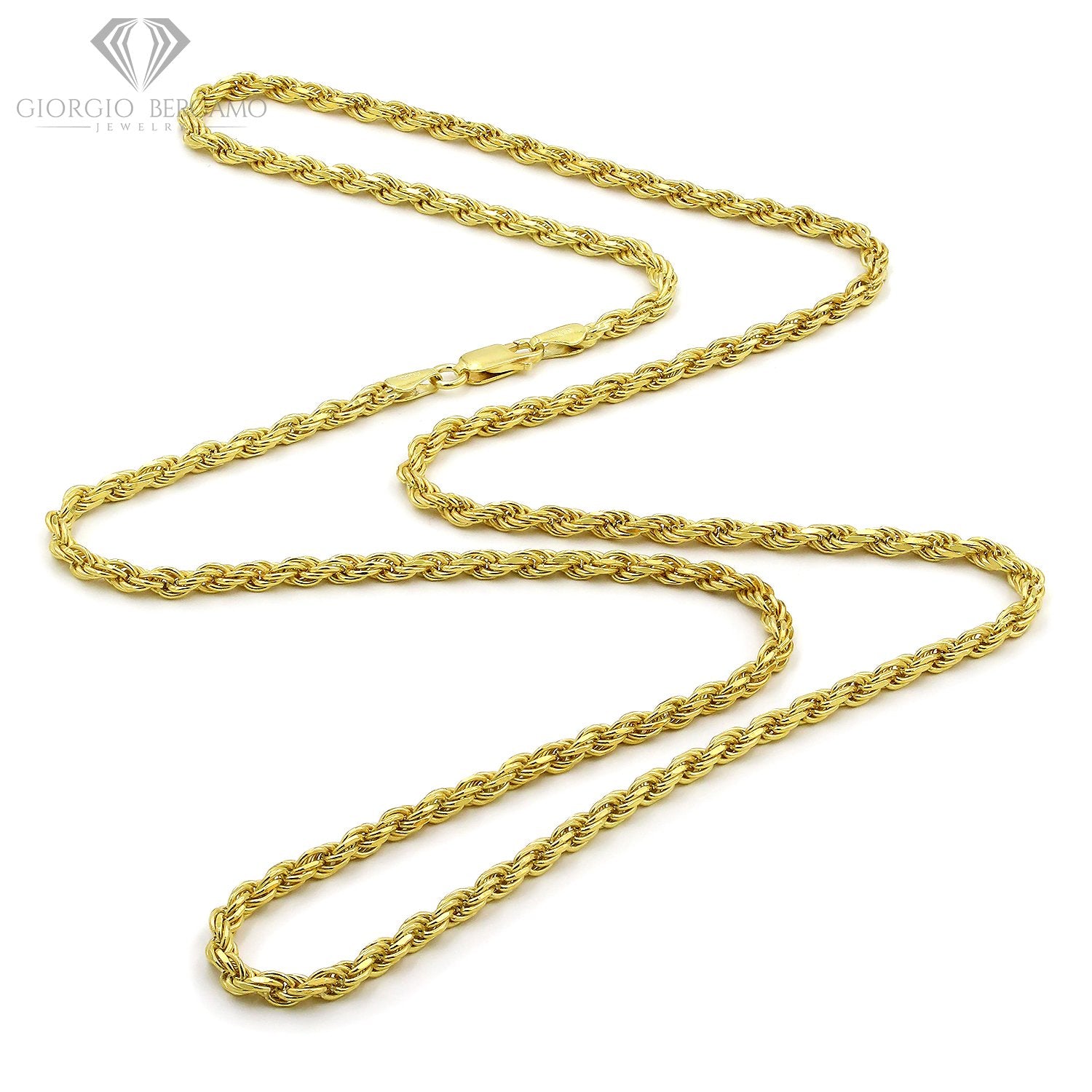 925 Sterling Silver 3.5mm Solid Rope Diamond Cut Gold Plated Chain