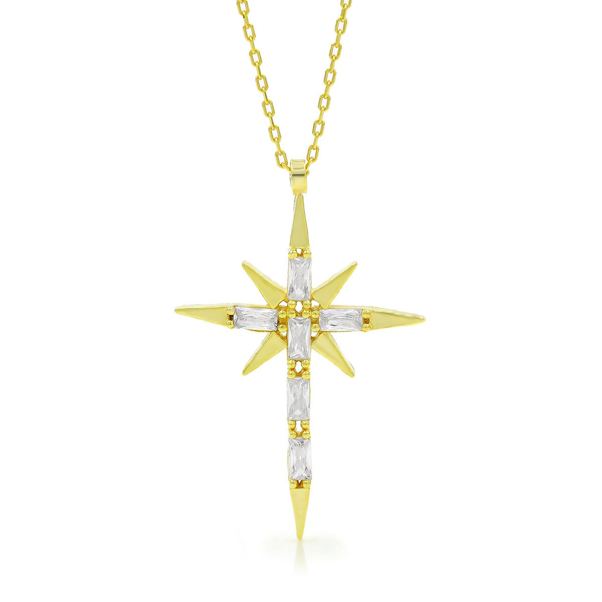 925 Sterling Silver Gold Plated Shining Cross Pendant Necklace