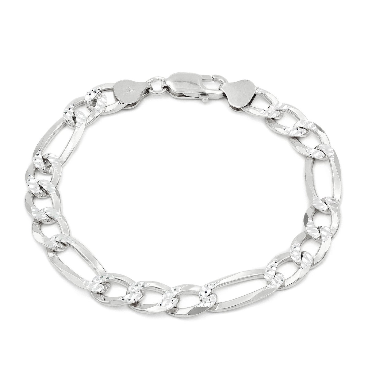 925 Sterling Silver Solid Figaro 8.5mm Diamond Cut Pave ITProLux Link Bracelet