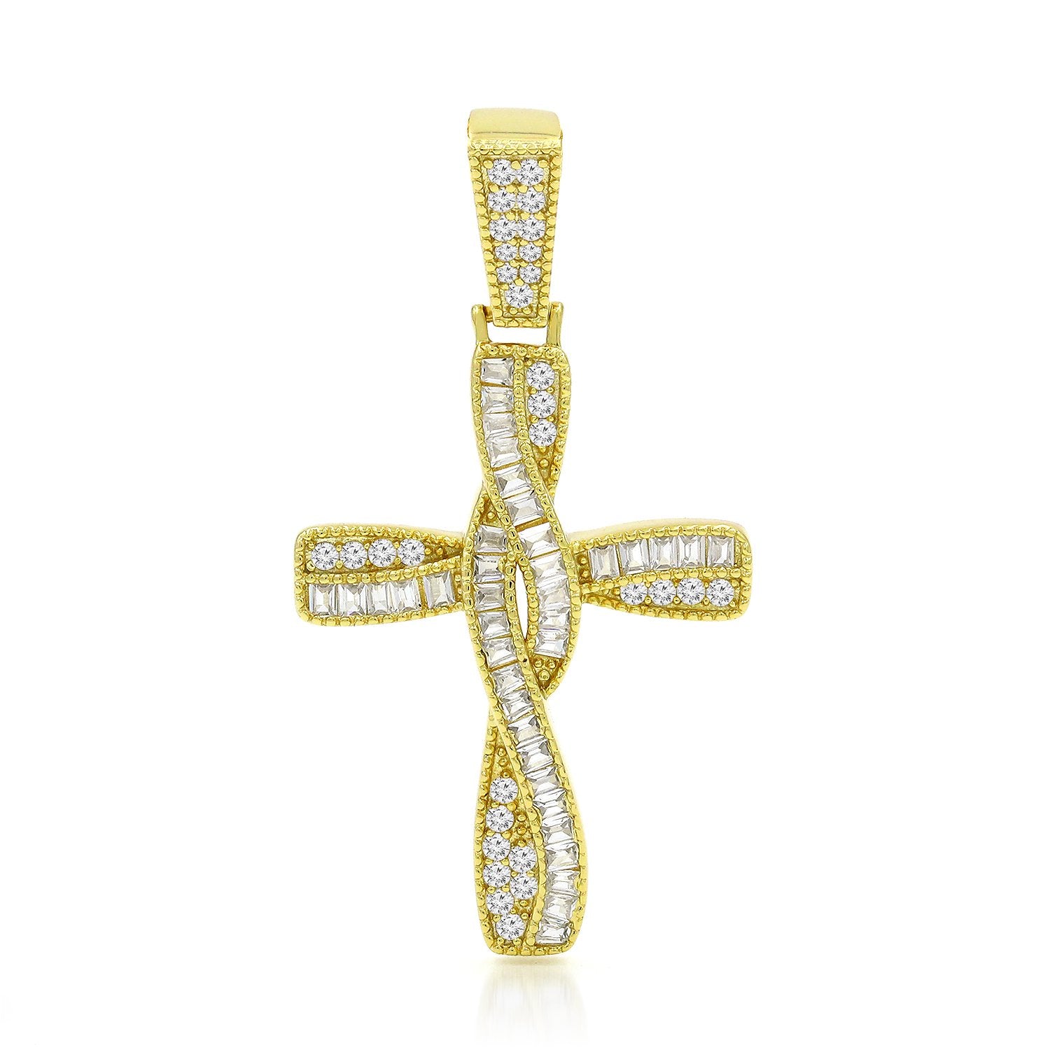 925 Sterling Silver Micro Pave Baguette Wavy Cross Pendant Only