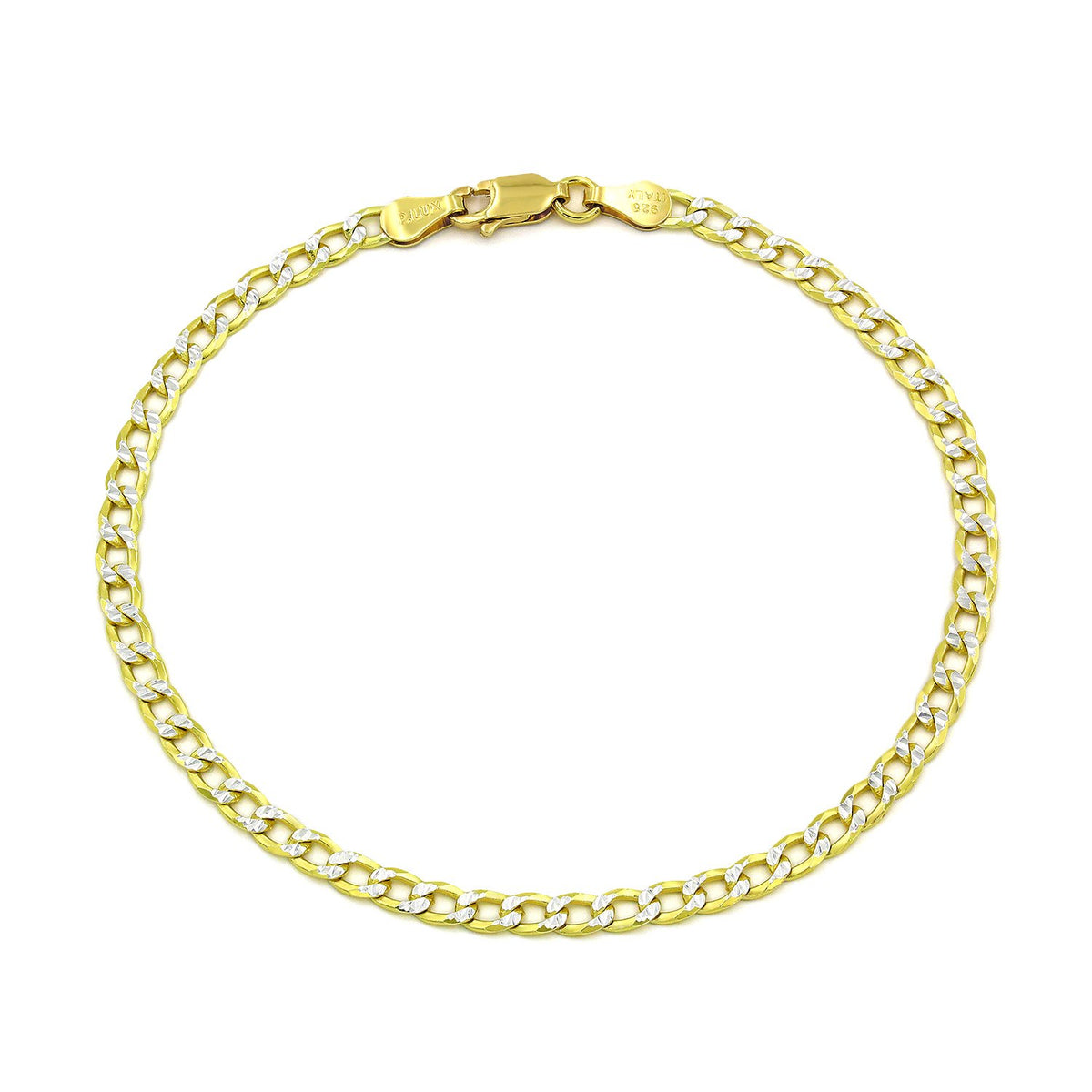 925 Sterling Silver Solid Cuban 3.5mm Diamond Cut Pave Gold Plated Curb Link Bracelet