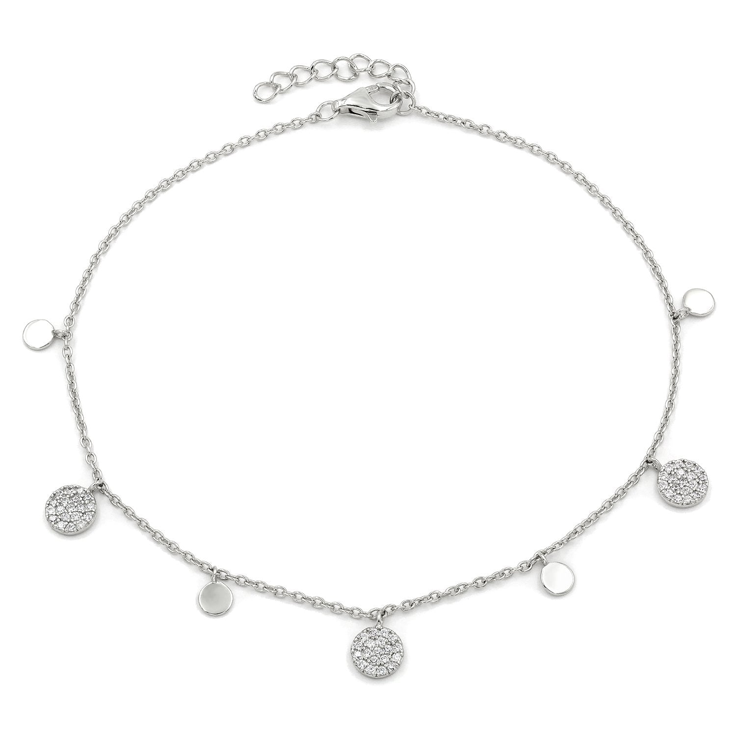 925 Sterling Silver Micro Pave Dangling Disc Ankle Bracelet