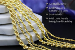925 Sterling Silver 2mm Solid Rope Diamond Cut Gold Plated Chain