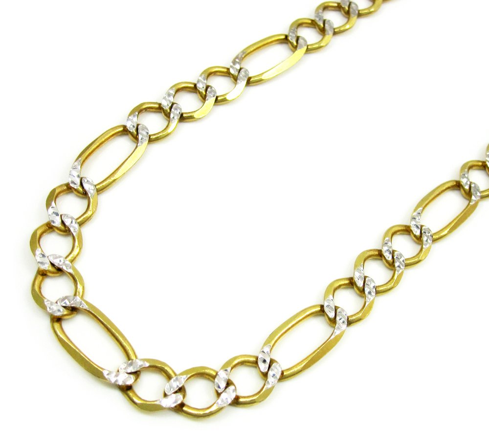 14K Yellow Gold 7mm Solid Figaro Diamond Cut Pave Link Chain