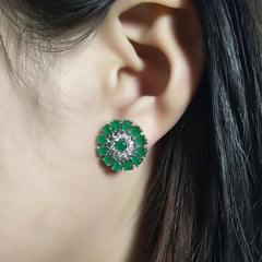 White Gold Plated Flower Cluster Round Halo Stud Earrings