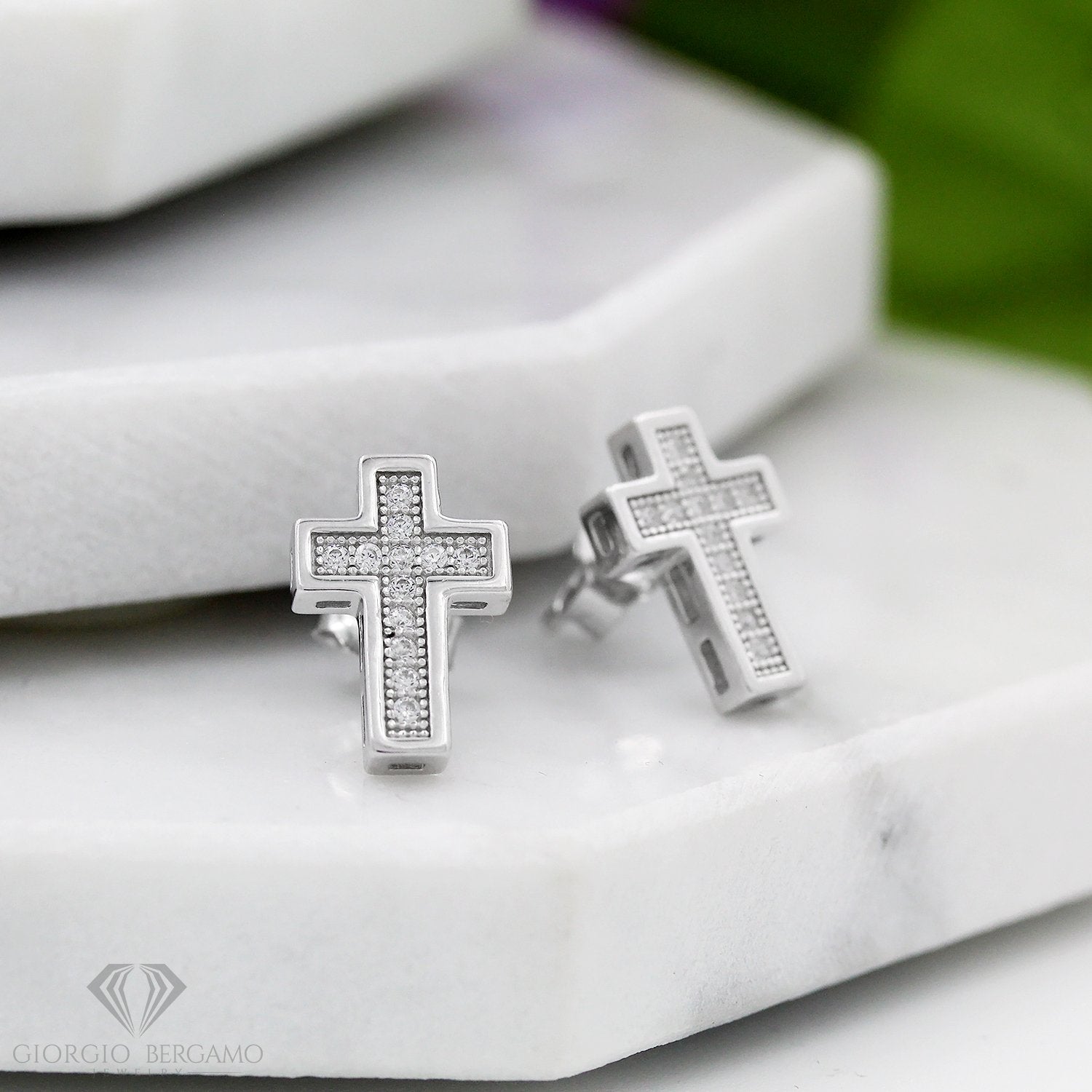 925 Sterling Silver Micro Pave Unisex Cross Stud Earring