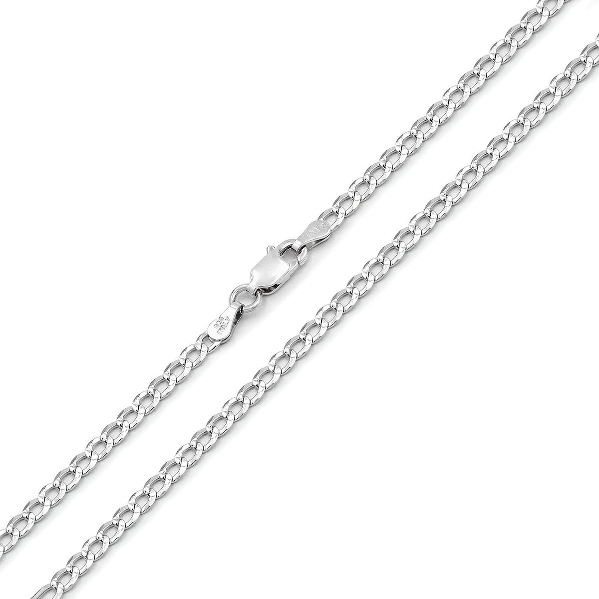 925 Sterling Silver 2.5mm Solid Cuban Diamond Cut Pave Curb Link Chain