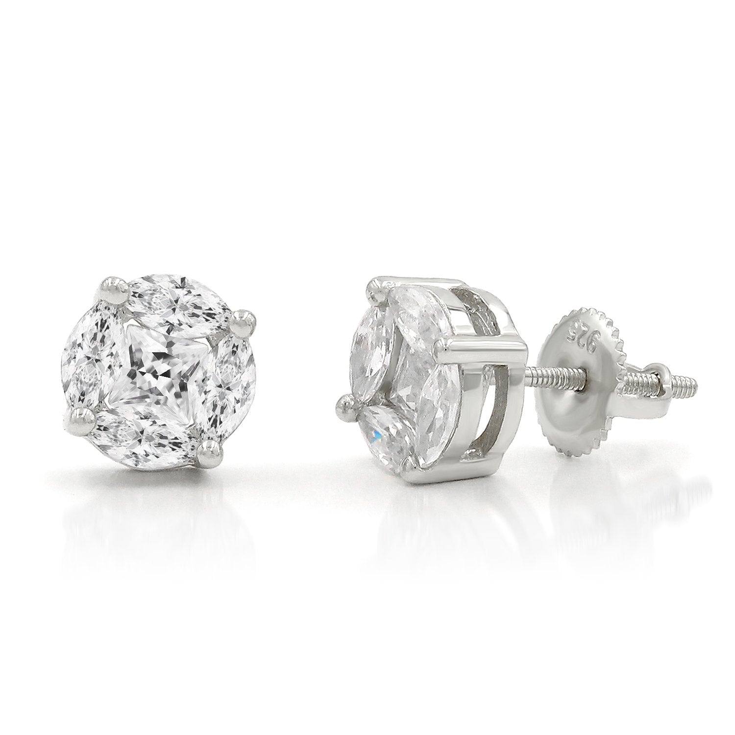 925 Sterling Silver Micro Pave Unisex Round Marquise & Princess Cut Screw Back Stud Earrings