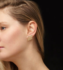 14K Yellow Gold Bar With Tassel Drop Ear Climber Earrings