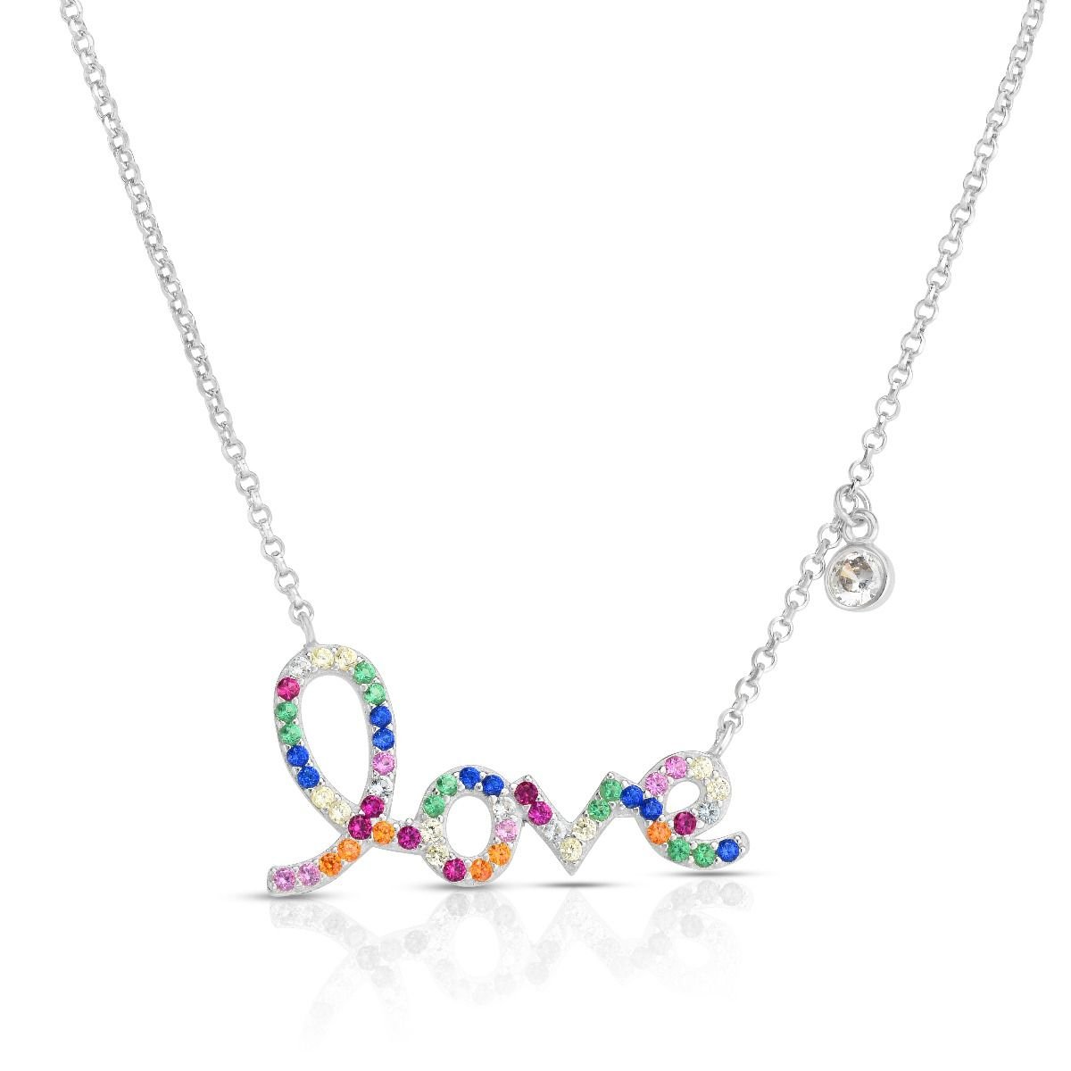 925 Sterling Silver Colorful Rainbow Script Love Necklace