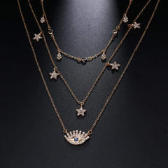 Gold Plated Trendy Eye & Star Charm Layered Necklace