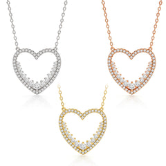 .925 Sterling Silver Open Heart Pendant Necklace, Micro Pave Cubic Zirconia, Giorgio Bergamo