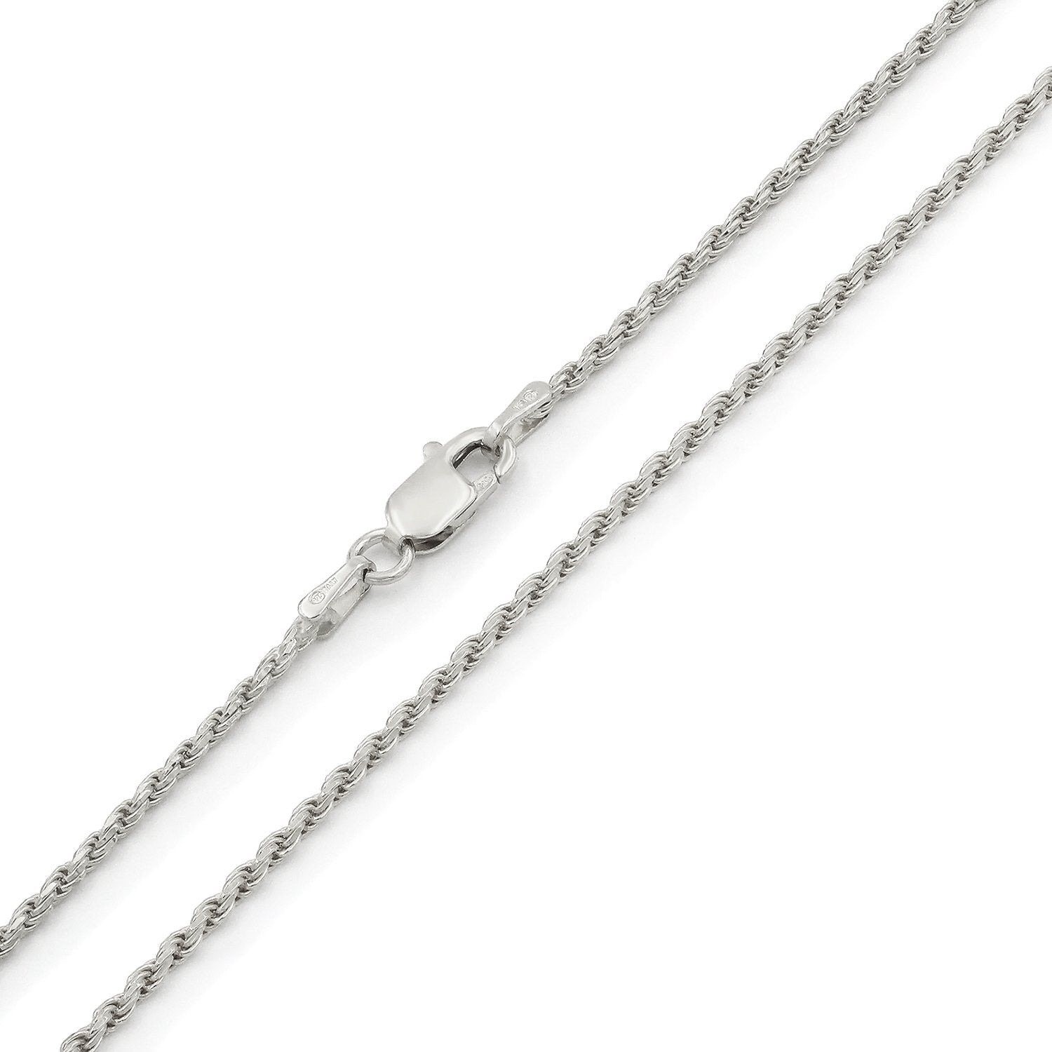925 Sterling Silver 1.5mm Solid Rope Diamond Cut Rhodium Chain