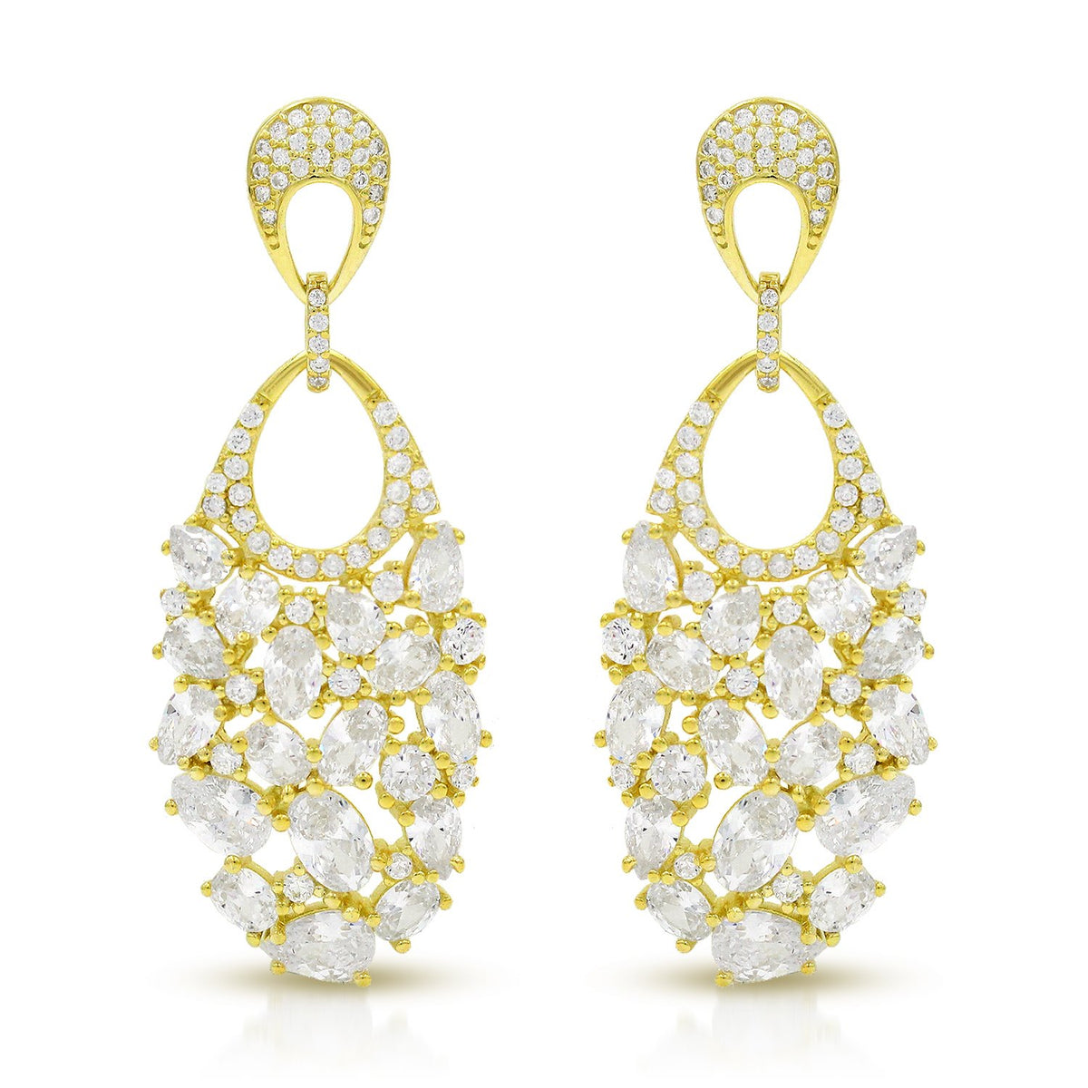 925 Sterling Silver Gold Plated Micro Pave Fancy Oval Cluster Dangle Drop Earrings